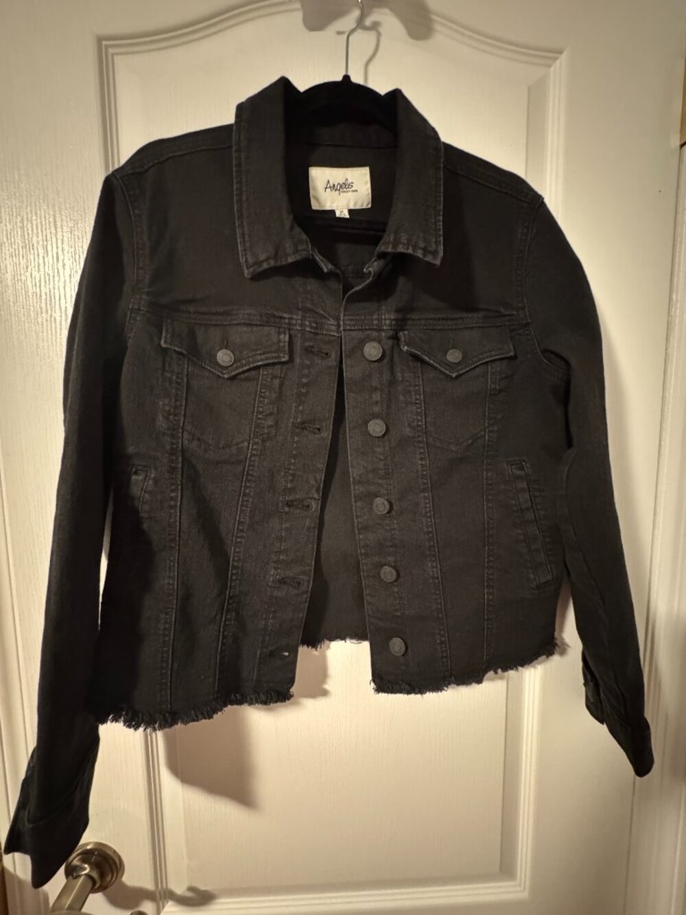 Angels Forever Young Black Denim Jacket Size M Frayed Hem